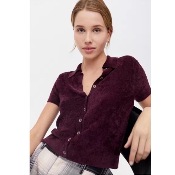 Urban Outfitters UO Adeline V-Neck Short Sleeve Cardigan Plum Purple Size XS - Picture 6 of 6